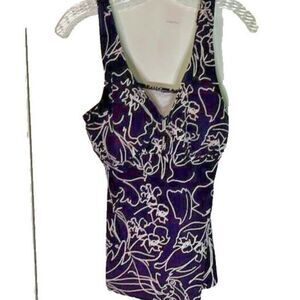 Aqua Green Swim Tankini Top Purple Cream Tropical Print Beach Resortwear M